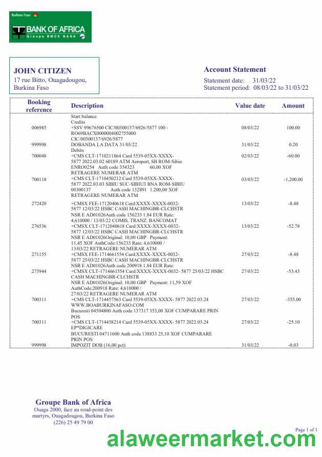 Burkina Faso Bank of Africa bank statement